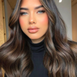 A person with long wavy brown hair and a black turtleneck stands indoors, looking into the camera.